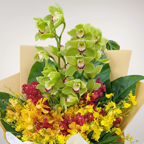 Precious Bloom cymbidium orchids and mokara orchids hand bouquet for birthday or anniversary with delivery in Kuala Lumpur and Selangor