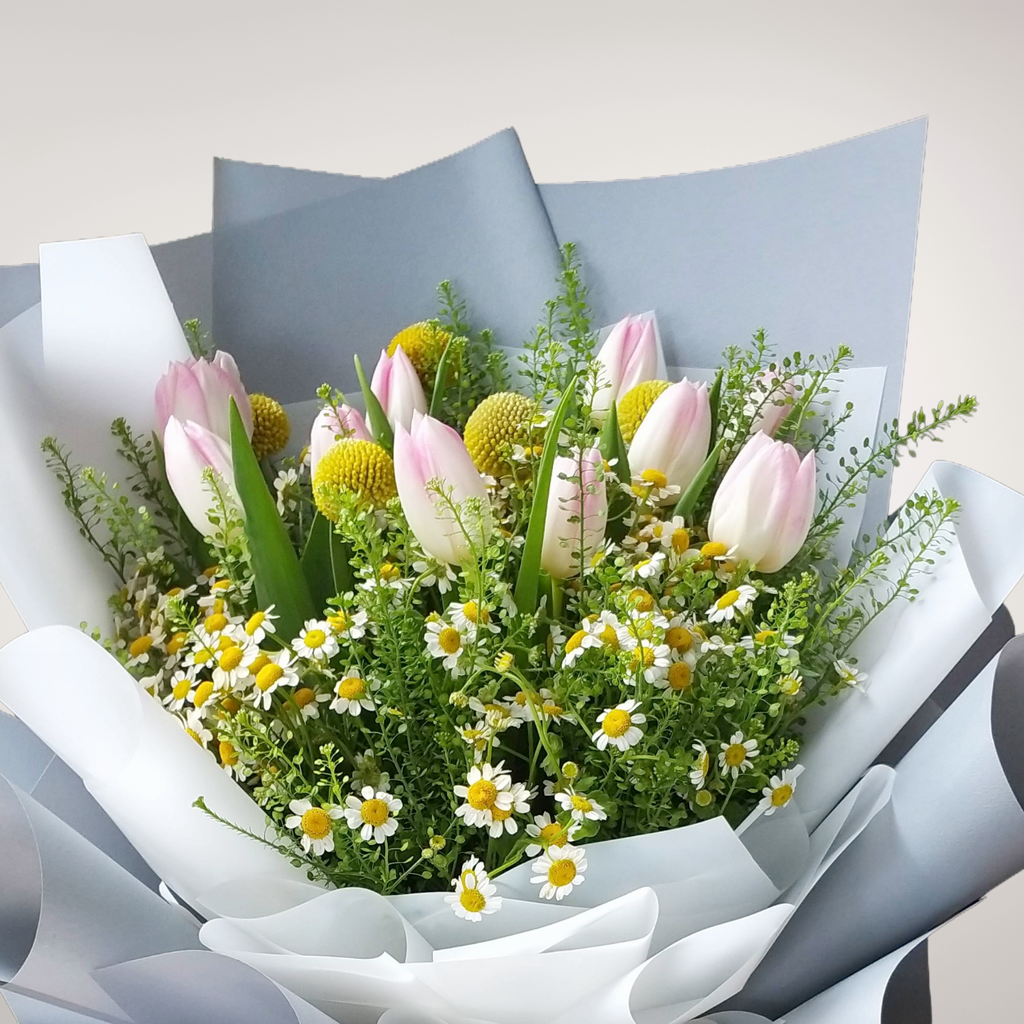 Graceful Petals craspedia tulip hand bouquet for birthday or anniversary with delivery in Kuala Lumpur and Selangor