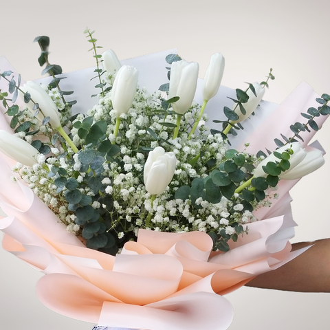 Floral Embrace tulip and baby’s breath hand bouquet for birthday or anniversary with delivery in Kuala Lumpur and Selangor