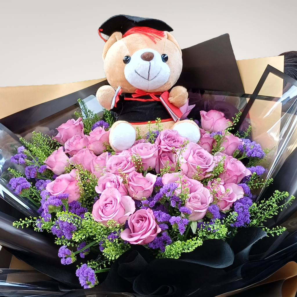 Floral Radiance rose, statice and bear hand bouquet for university graduation with delivery in Kuala Lumpur and Selangor