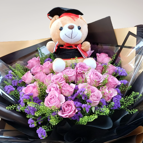 Floral Radiance rose, statice and bear hand bouquet for university graduation with delivery in Kuala Lumpur and Selangor