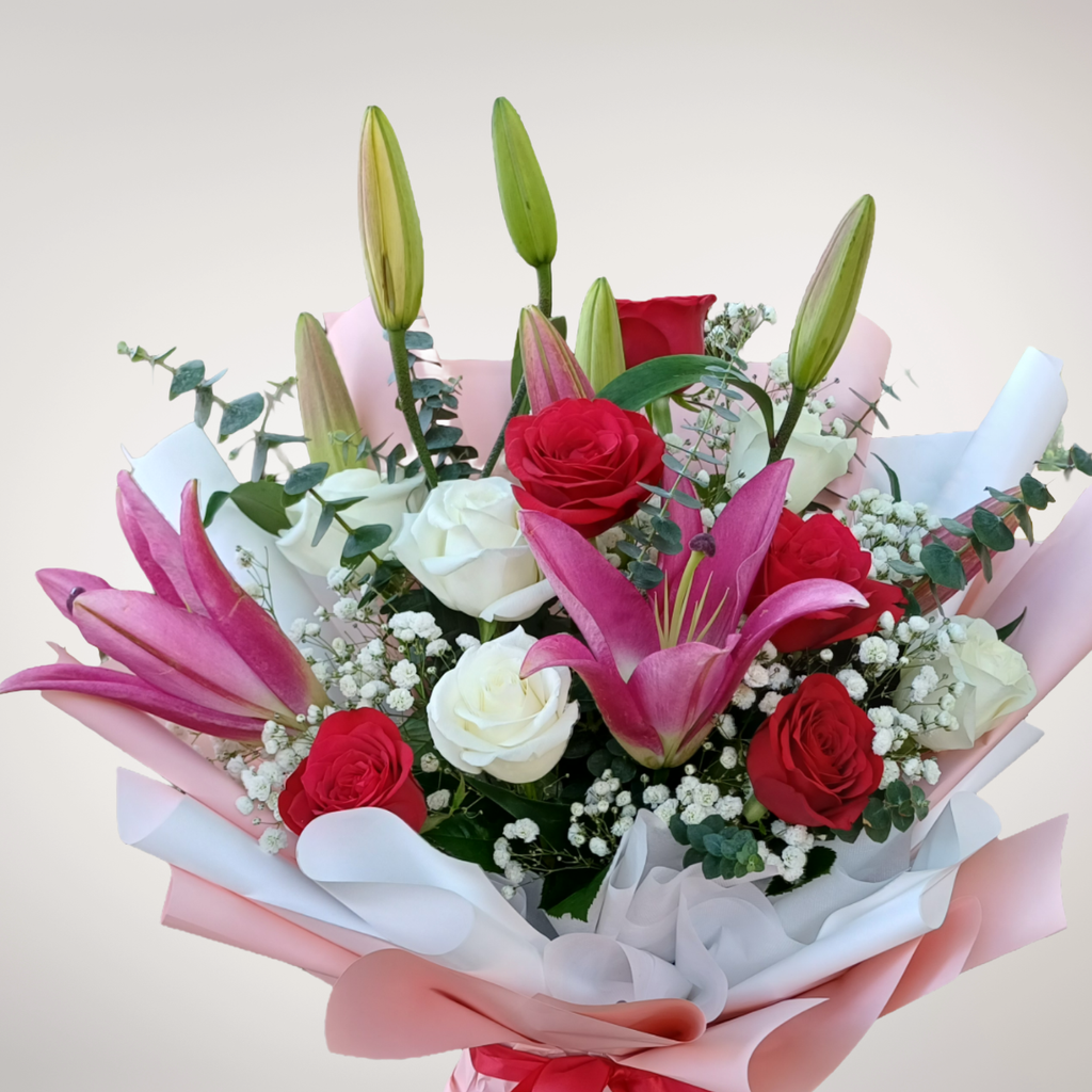 Harmony in Bloom lilies and rose hand bouquet for birthday or anniversary with delivery in Kuala Lumpur and Selangor