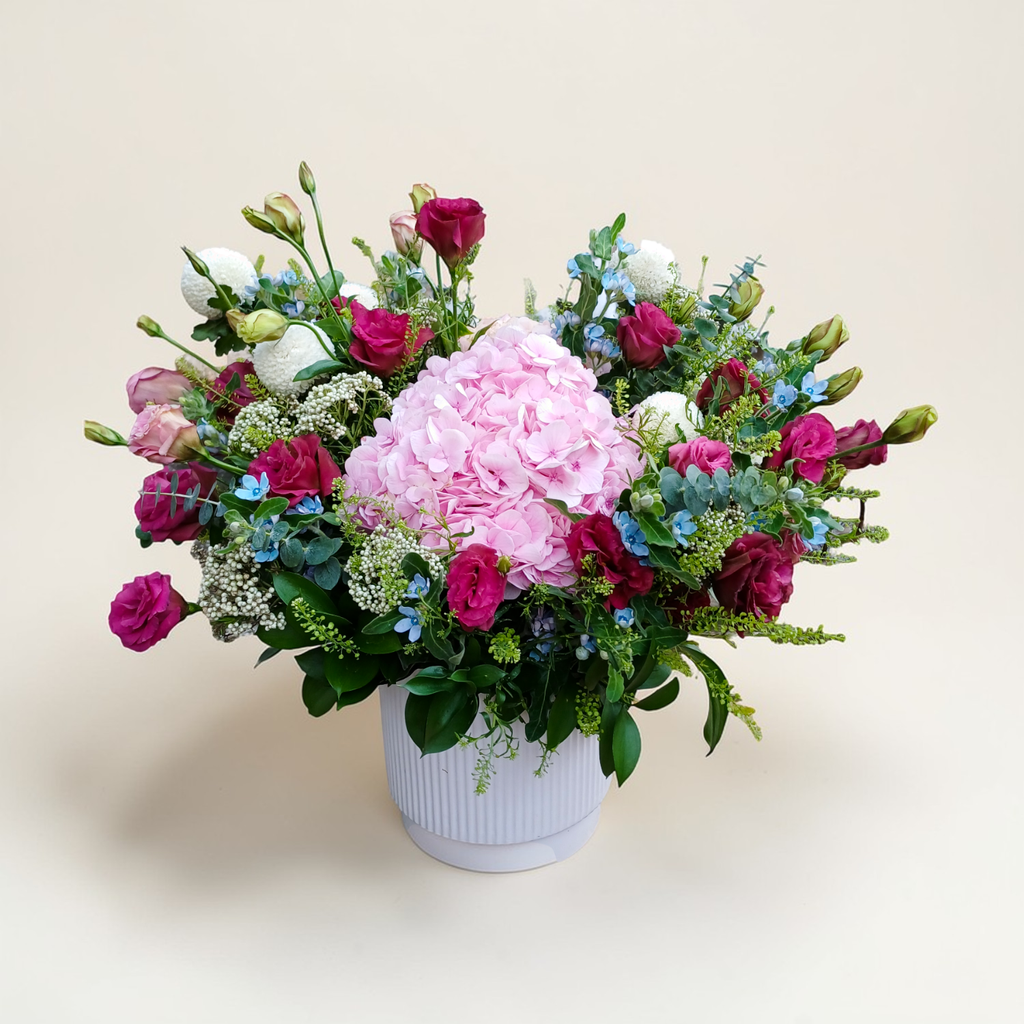 Floral Serenity hydrangea and eustoma table arrangement for birthday or anniversary with delivery in Kuala Lumpur and Selangor
