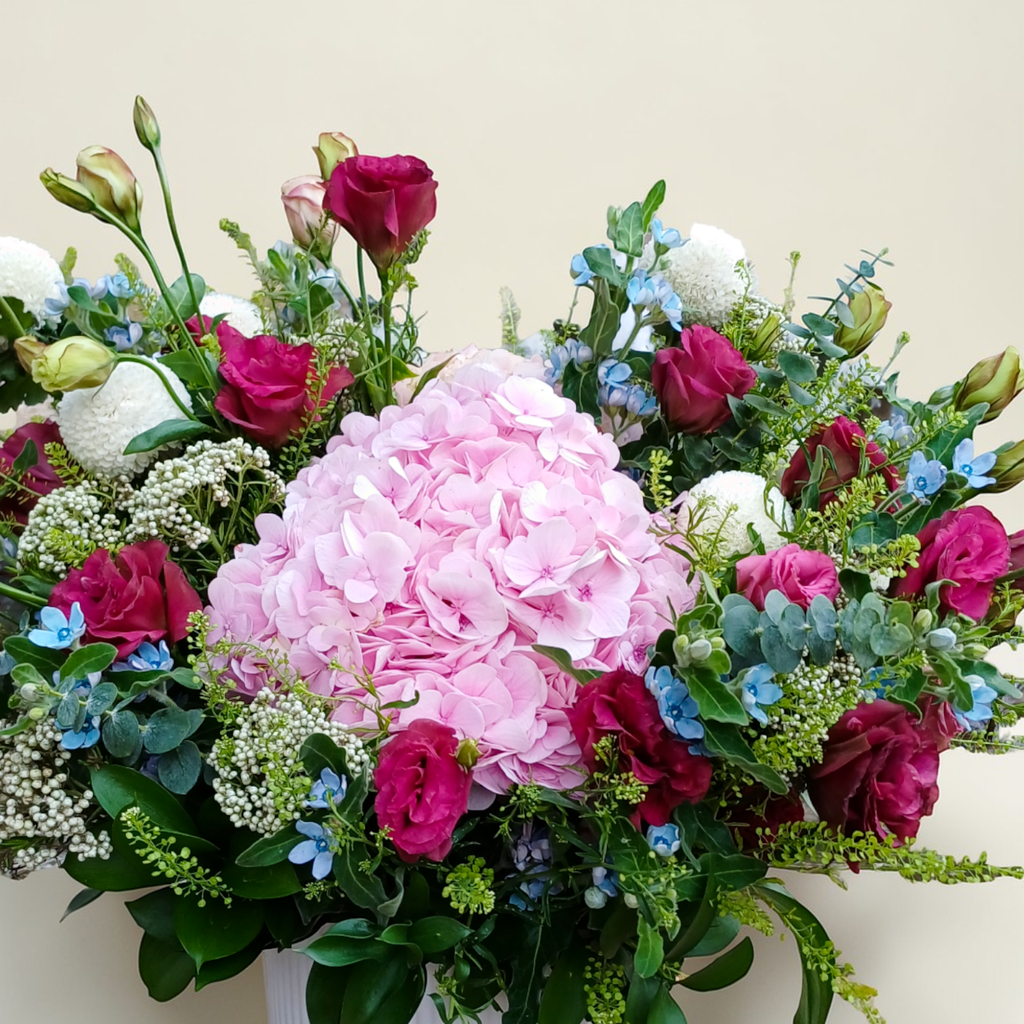 Floral Serenity hydrangea and eustoma table arrangement for birthday or anniversary with delivery in Kuala Lumpur and Selangor