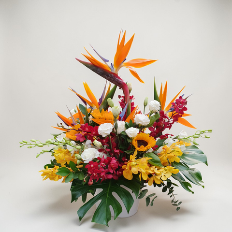 Serene Blossoms bird of paradise, sunflower and orchid table arrangement for birthday or anniversary with delivery in Kuala Lumpur and Selangor