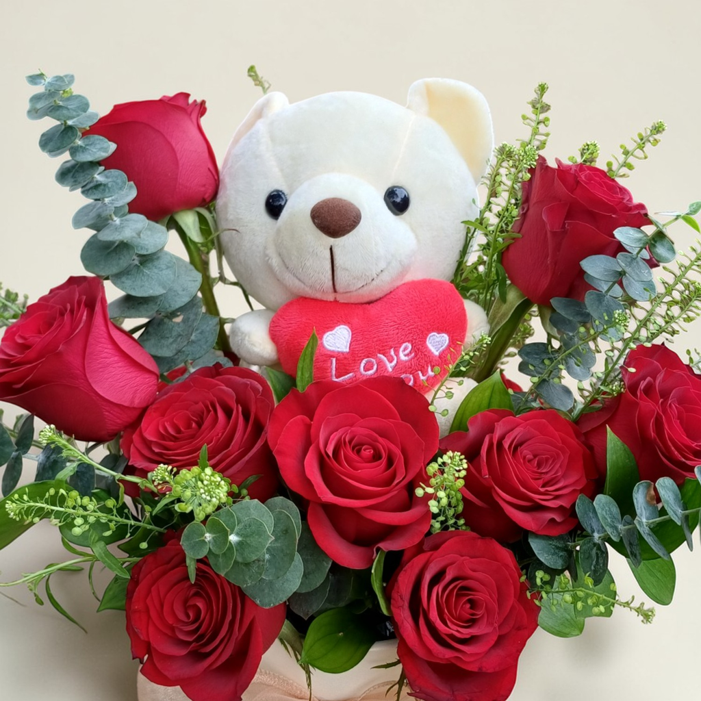 Honey Glow rose and eucalyptus with teddy bear table arrangement for birthday or anniversary with delivery in Kuala Lumpur and Selangor