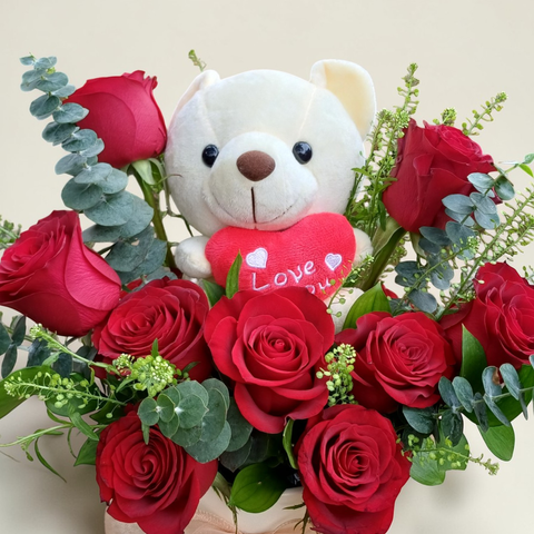 Honey Glow rose and eucalyptus with teddy bear table arrangement for birthday or anniversary with delivery in Kuala Lumpur and Selangor