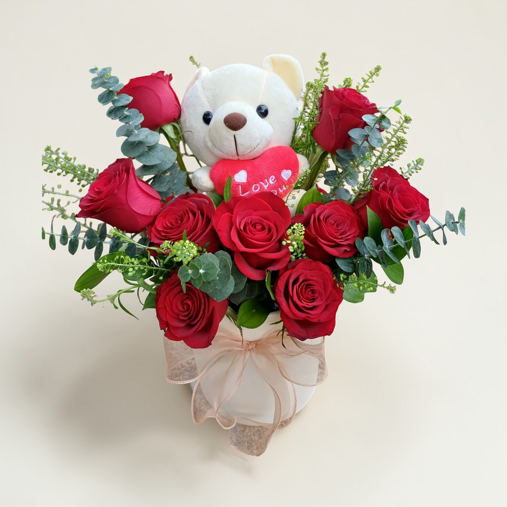 Honey Glow rose and eucalyptus with teddy bear table arrangement for birthday or anniversary with delivery in Kuala Lumpur and Selangor