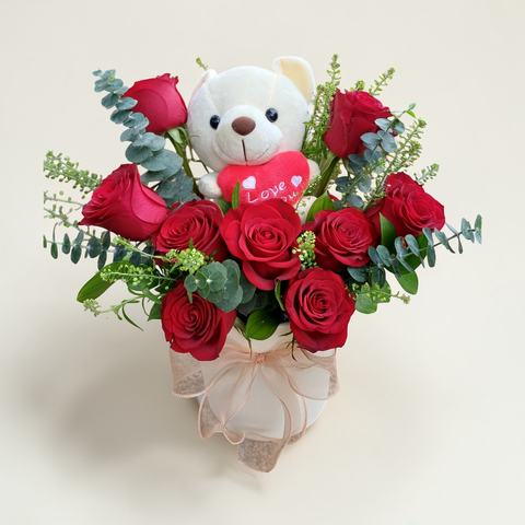 Honey Glow rose and eucalyptus with teddy bear table arrangement for birthday or anniversary with delivery in Kuala Lumpur and Selangor
