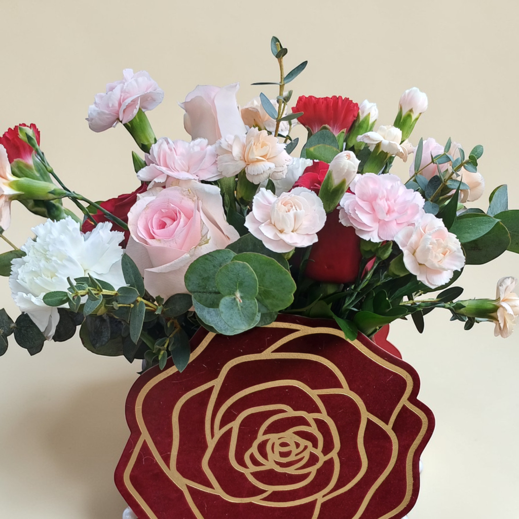 Floral Treasure rose and carnation table arrangement for birthday or anniversary with delivery in Kuala Lumpur and Selangor