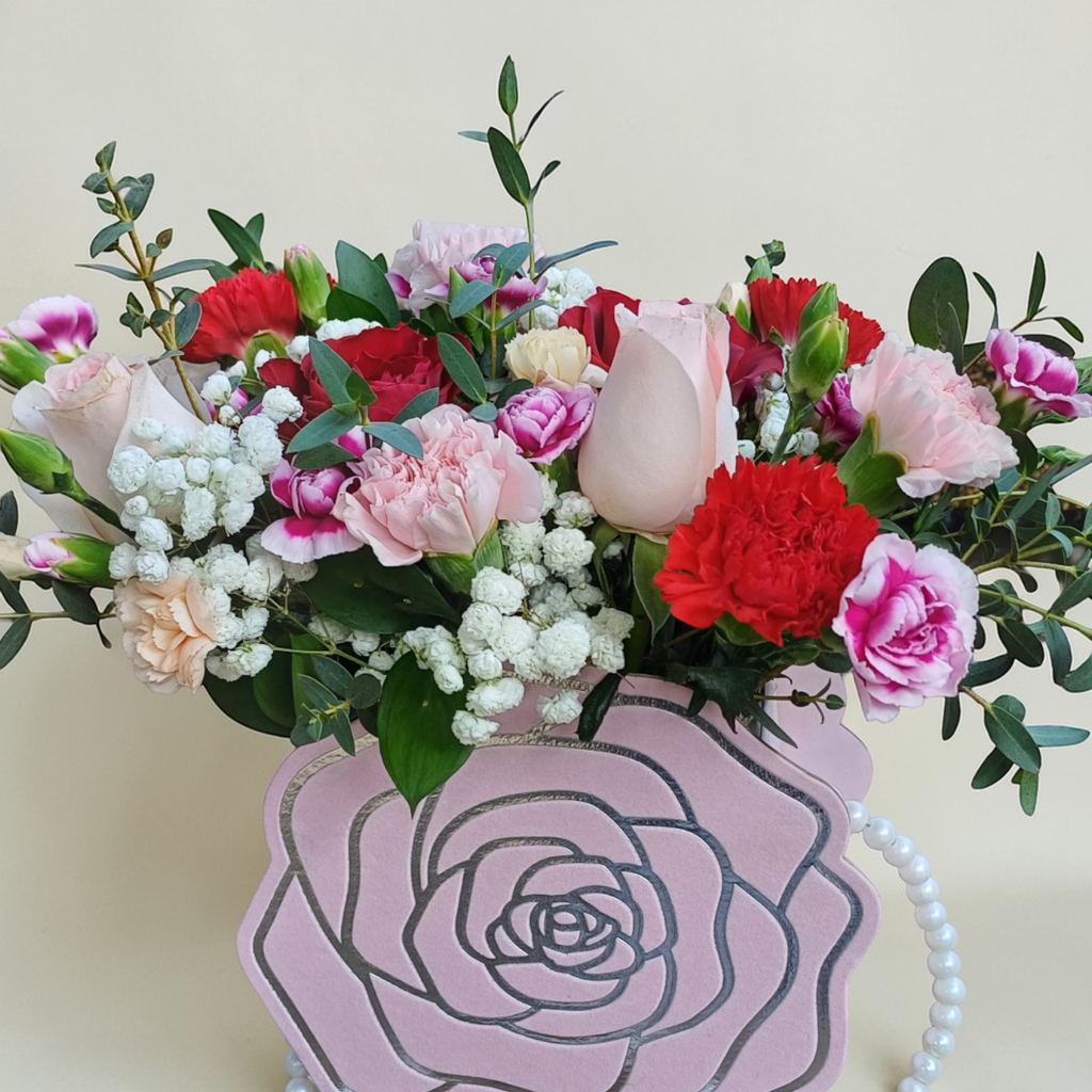 Floral Treasure rose and carnation table arrangement for birthday or anniversary with delivery in Kuala Lumpur and Selangor