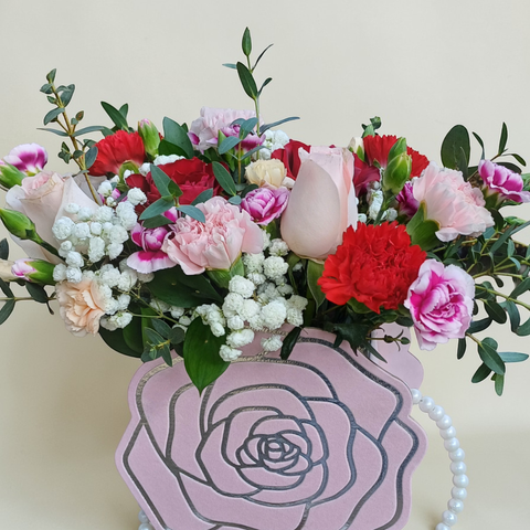 Floral Treasure rose and carnation table arrangement for birthday or anniversary with delivery in Kuala Lumpur and Selangor