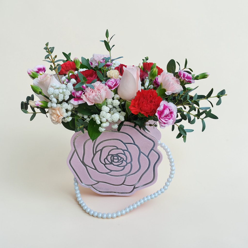 Floral Treasure rose and carnation table arrangement for birthday or anniversary with delivery in Kuala Lumpur and Selangor