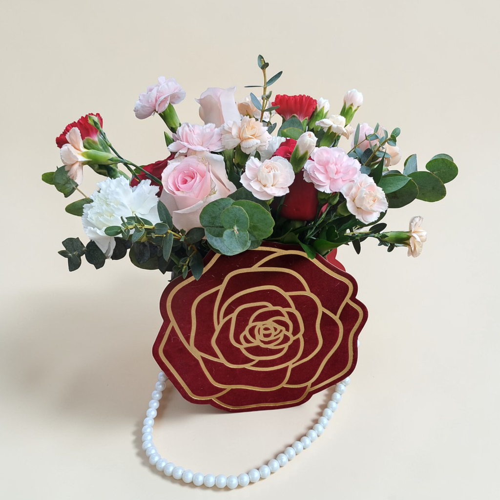 Floral Treasure rose and carnation table arrangement for birthday or anniversary with delivery in Kuala Lumpur and Selangor