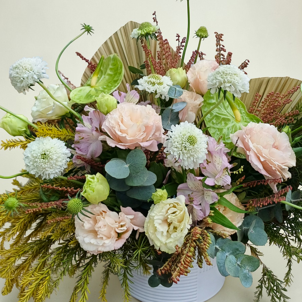 Petal Harmony alstromeria and scabiosa table arrangement for birthday or anniversary with delivery in Kuala Lumpur and Selangor