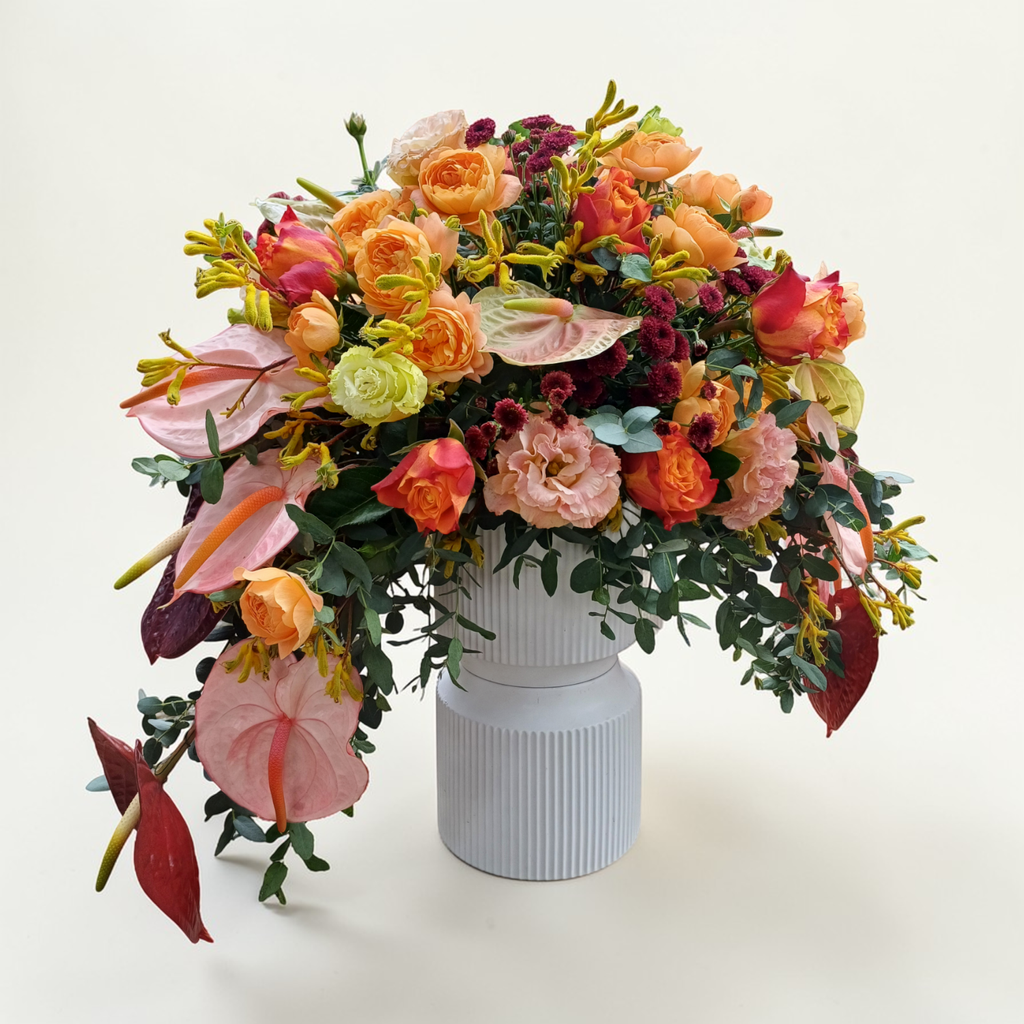 Blooming Grace anthurium, kangaroo paw and rose table arrangement for birthday or anniversary with delivery in Kuala Lumpur and Selangor