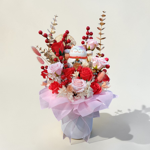 Royal Fortune soap roses and preserve flowers table arrangement for grand opening with delivery in Kuala Lumpur and Selangor