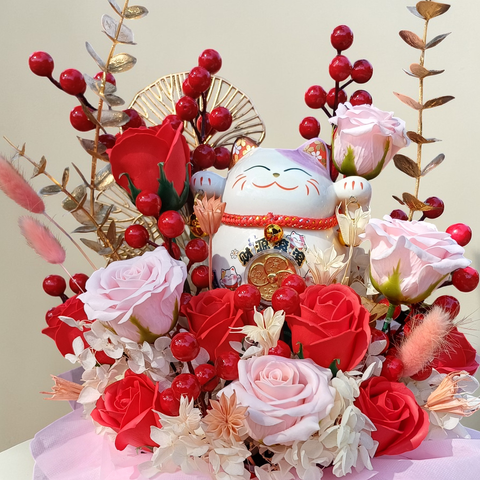 Royal Fortune soap roses and preserve flowers table arrangement for grand opening with delivery in Kuala Lumpur and Selangor