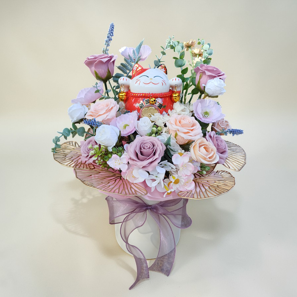 Auspicious Beginnings soap roses and artificial flowers table arrangement for grand opening with delivery in Kuala Lumpur and Selangor