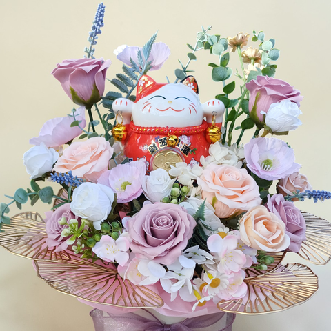 Auspicious Beginnings soap roses and artificial flowers table arrangement for grand opening with delivery in Kuala Lumpur and Selangor