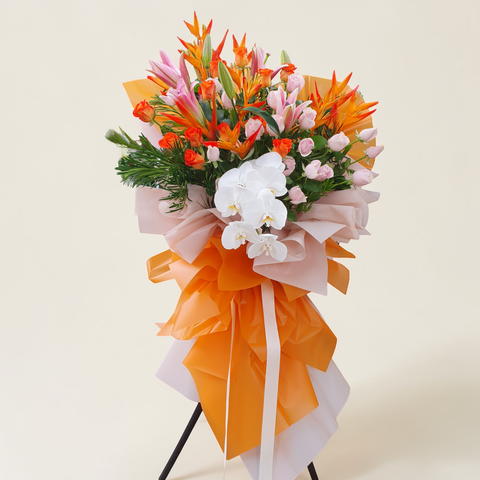 Flourish & Prosper helicornia, lilies and rose grand opening stand with delivery in Kuala Lumpur and Selangor