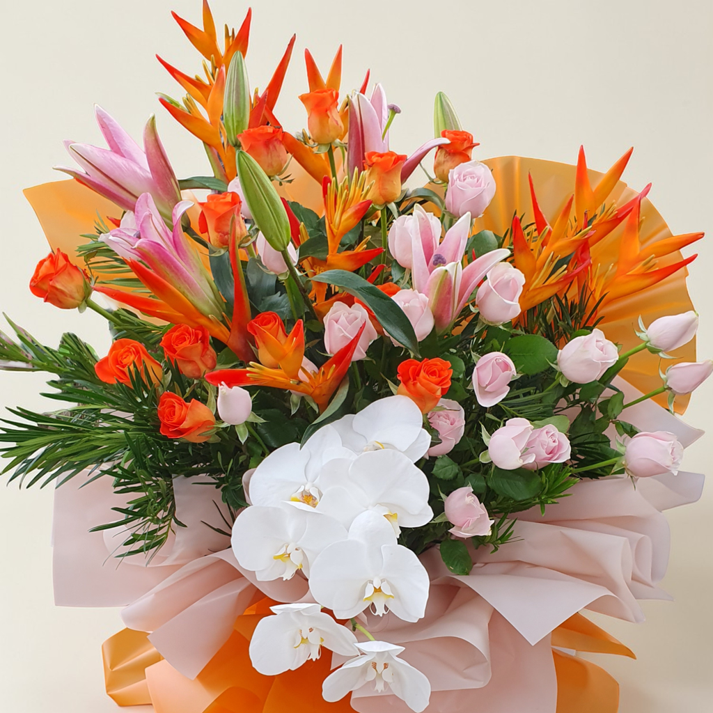 Flourish & Prosper helicornia, lilies and rose grand opening stand with delivery in Kuala Lumpur and Selangor