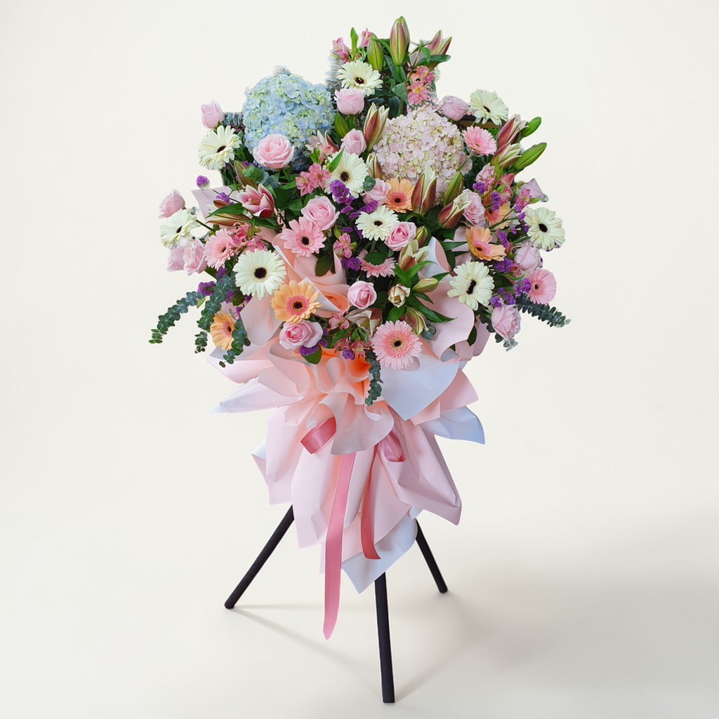 Fortune Blossom lilies, rose and hydrangea grand opening stand with delivery in Kuala Lumpur and Selangor