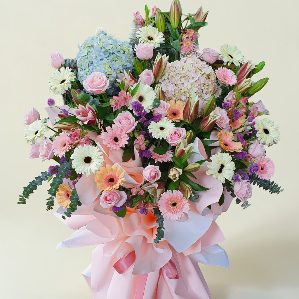 Fortune Blossom lilies, rose and hydrangea grand opening stand with delivery in Kuala Lumpur and Selangor