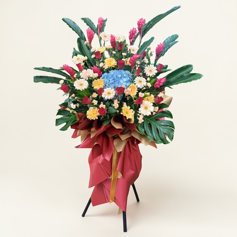 Majestic Opening red ginger, hydrangea and gerbera grand opening stand with delivery in Kuala Lumpur and Selangor