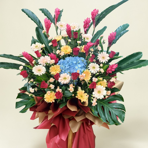Majestic Opening red ginger, hydrangea and gerbera grand opening stand with delivery in Kuala Lumpur and Selangor