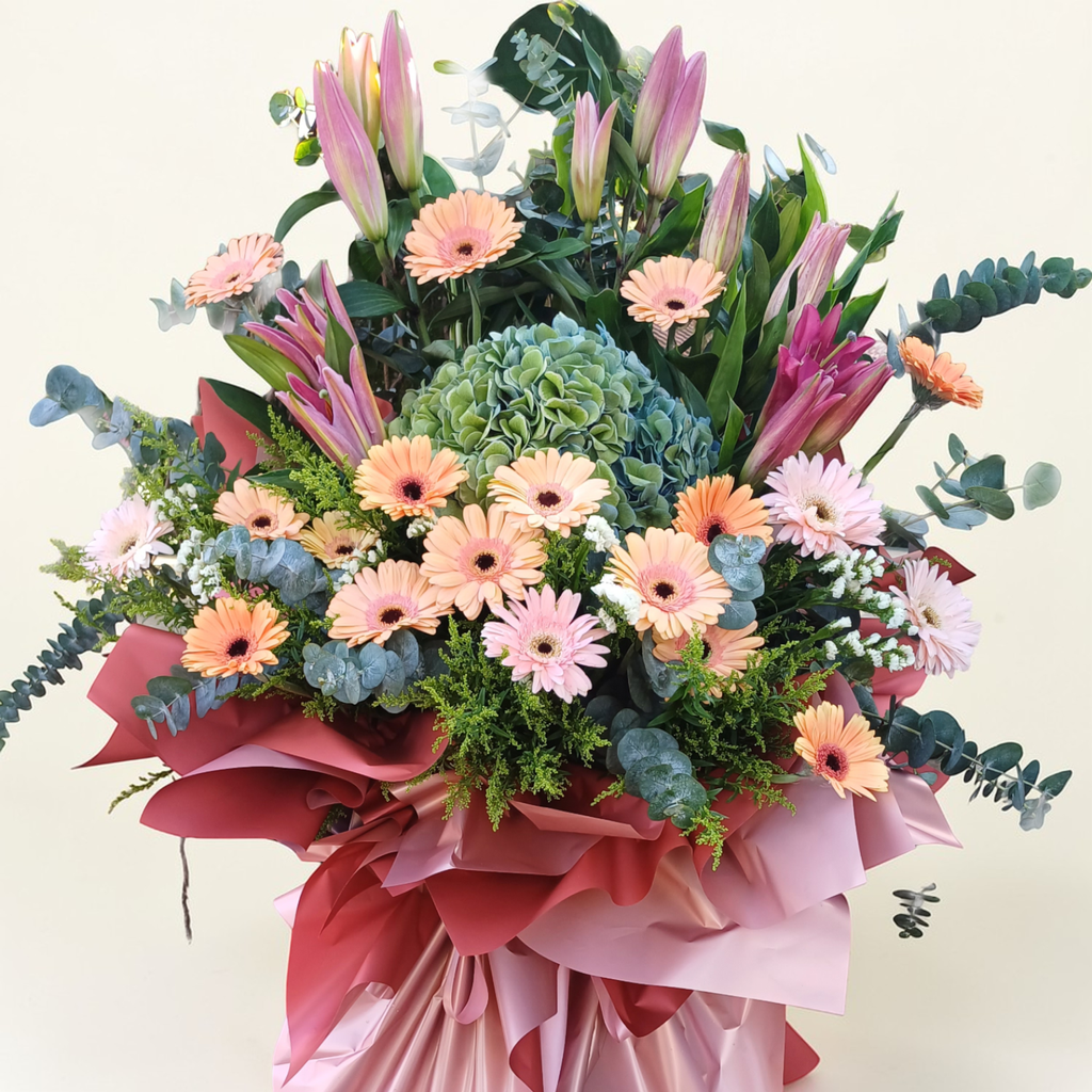 Rising Glory hydrangea and gerbera grand opening stand with delivery in Kuala Lumpur and Selangor