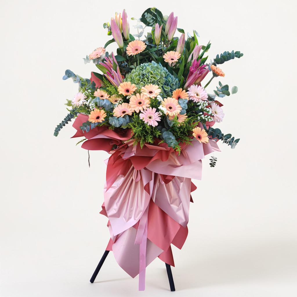 Rising Glory hydrangea and gerbera grand opening stand with delivery in Kuala Lumpur and Selangor