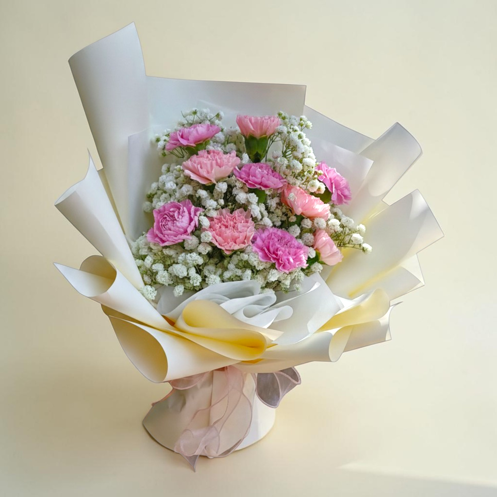 Whispering Petals carnation hand bouquet for birthday or anniversary with delivery in Kuala Lumpur and Selangor