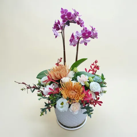 Floral Charm phalaenopsis orchid, chrysanthemum and eustoma table arrangement for birthday or anniversary with delivery in Kuala Lumpur and Selangor