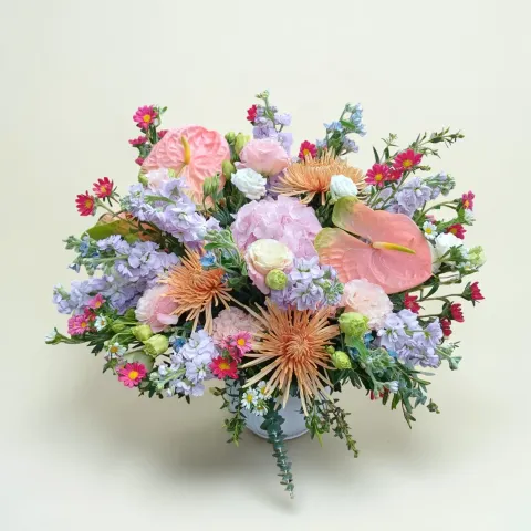 Garden Whispers hydreangea, matthiola and eustoma table arrangement for birthday or anniversary with delivery in  Kuala Lumpur and Selangor