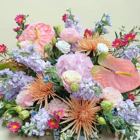 Garden Whispers hydreangea, matthiola and eustoma table arrangement for birthday or anniversary with delivery in  Kuala Lumpur and Selangor