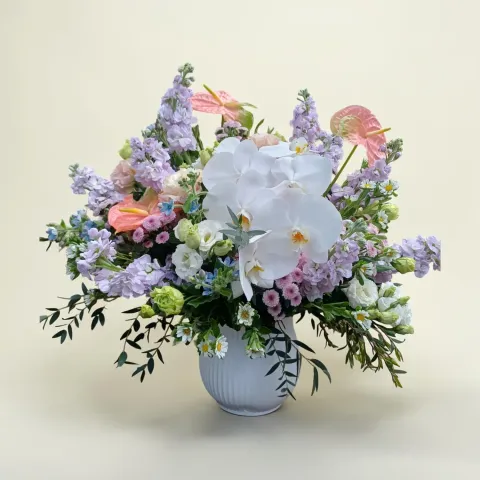 Petal Reflections phalaenopsis orchid, hydreangea, matthiola and eustoma table arrangement for birthday or anniversary with delivery in Kuala Lumpur and Selangor