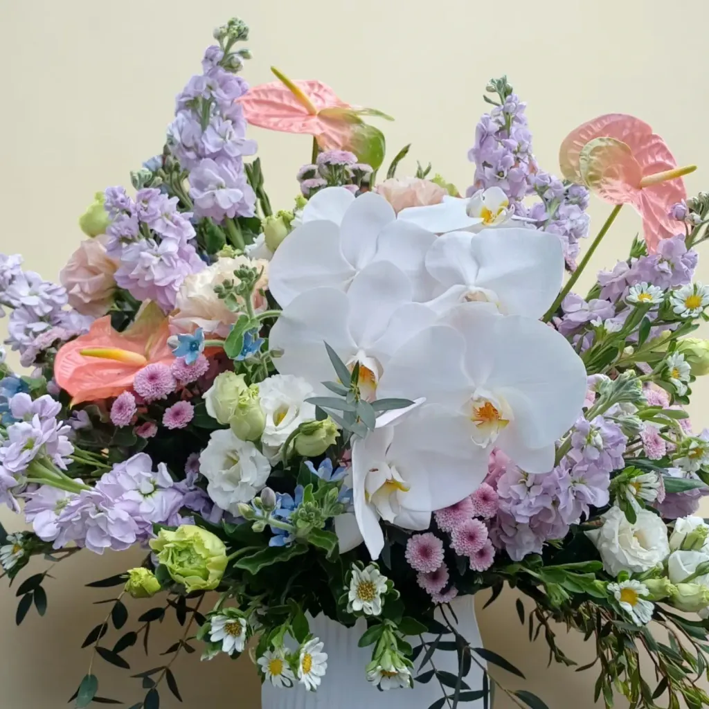 Petal Reflections phalaenopsis orchid, hydreangea, matthiola and eustoma table arrangement for birthday or anniversary with delivery in Kuala Lumpur and Selangor