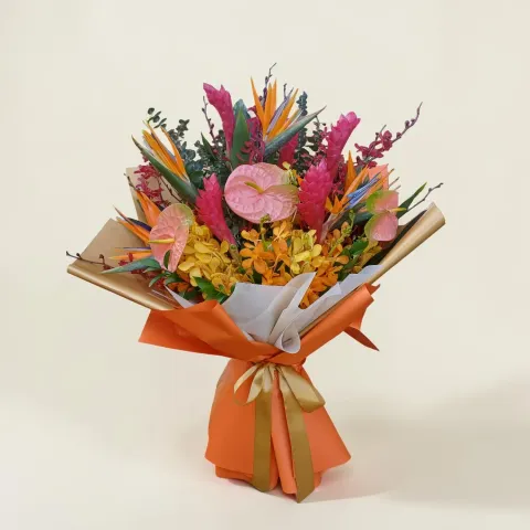 Harmony Blossom bird of paradise, orchid, red ginger and anthurium hand bouquet for birthday or anniversary with delivery in Kuala Lumpur and Selangor