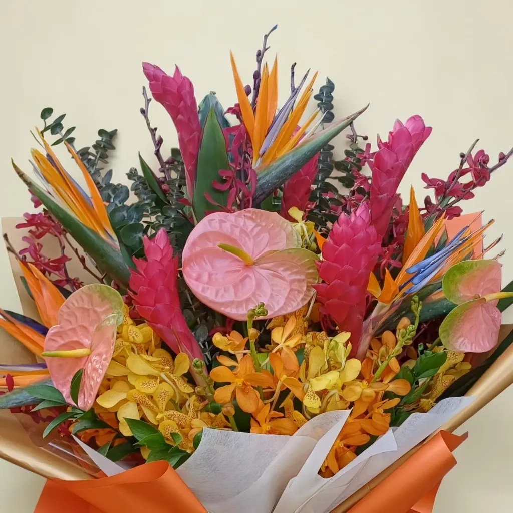 Harmony Blossom bird of paradise, orchid, red ginger and anthurium hand bouquet for birthday or anniversary with delivery in Kuala Lumpur and Selangor