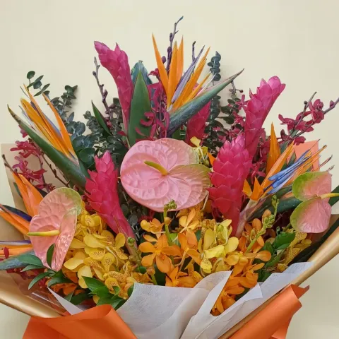 Harmony Blossom bird of paradise, orchid, red ginger and anthurium hand bouquet for birthday or anniversary with delivery in Kuala Lumpur and Selangor