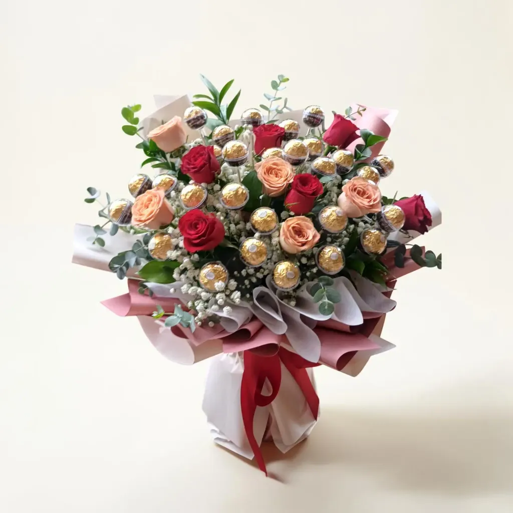 Beloved Bloom roses and Ferrero Rocher chocolates hand bouquet for birthday or anniversary with delivery in Kuala Lumpur and Selangor