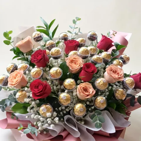 Beloved Bloom roses and Ferrero Rocher chocolates hand bouquet for birthday or anniversary with delivery in Kuala Lumpur and Selangor