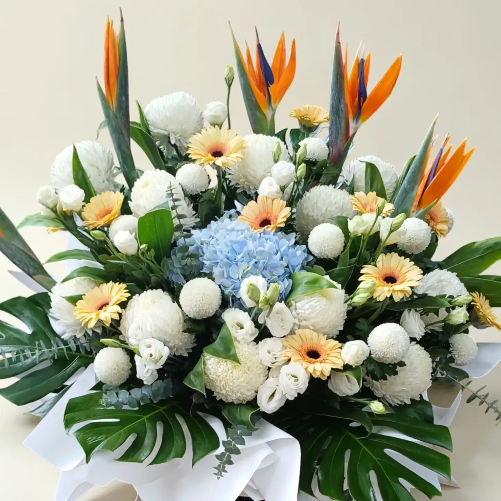 White Solace condolence and funeral flowers sympathy stand with delivery in Kuala Lumpur and Selangor
