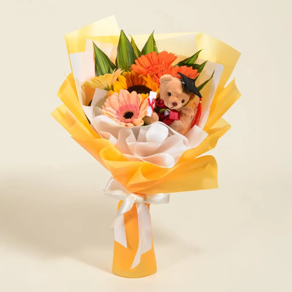 Milestone Moment sunflower, gerberas and bear hand bouquet for university graduation with delivery in Kuala Lumpur and Selangor