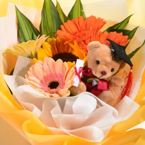 Milestone Moment sunflower, gerberas and bear hand bouquet for university graduation with delivery in Kuala Lumpur and Selangor