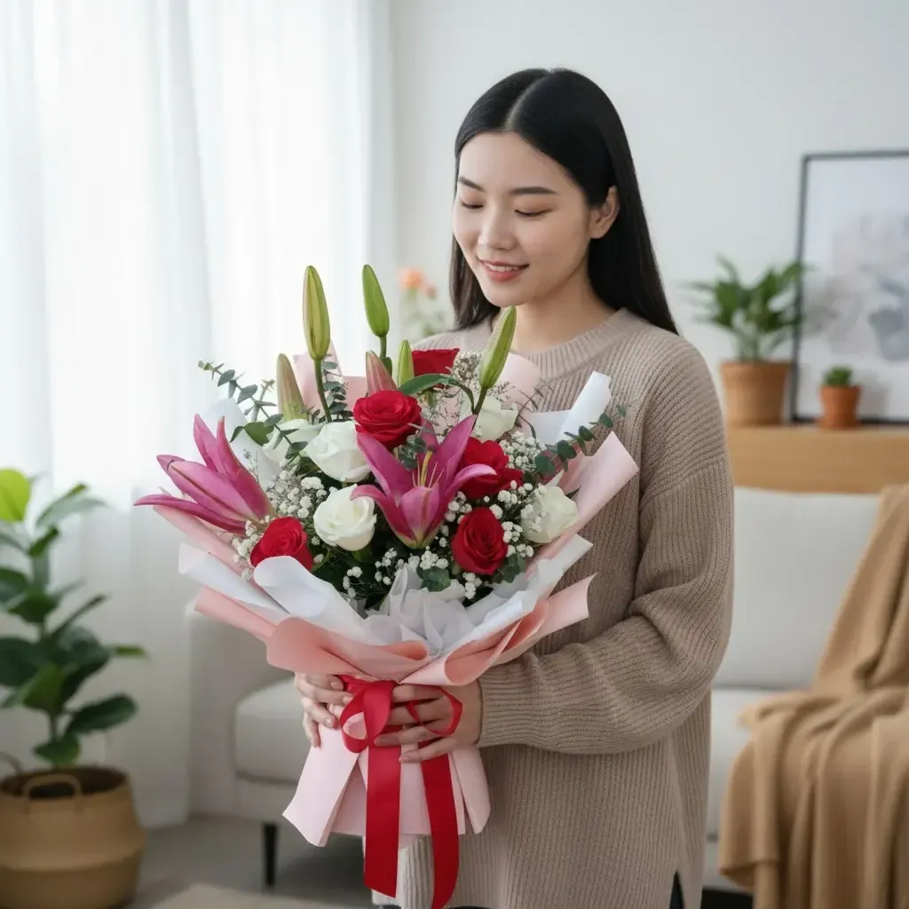 Harmony in Bloom lilies and rose hand bouquet for birthday or anniversary with delivery in Kuala Lumpur and Selangor