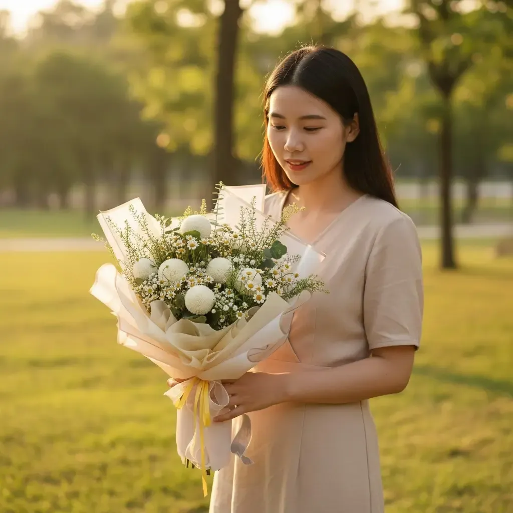 Blooming Elegance ping pong and camomile hand bouquet for birthday or anniversary with delivery in Kuala Lumpur and Selangor