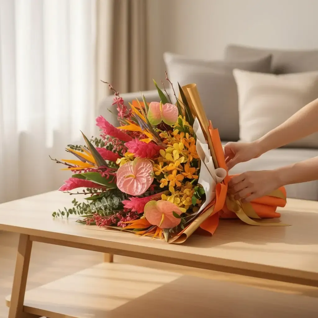 Harmony Blossom bird of paradise, orchid, red ginger and anthurium hand bouquet for birthday or anniversary with delivery in Kuala Lumpur and Selangor