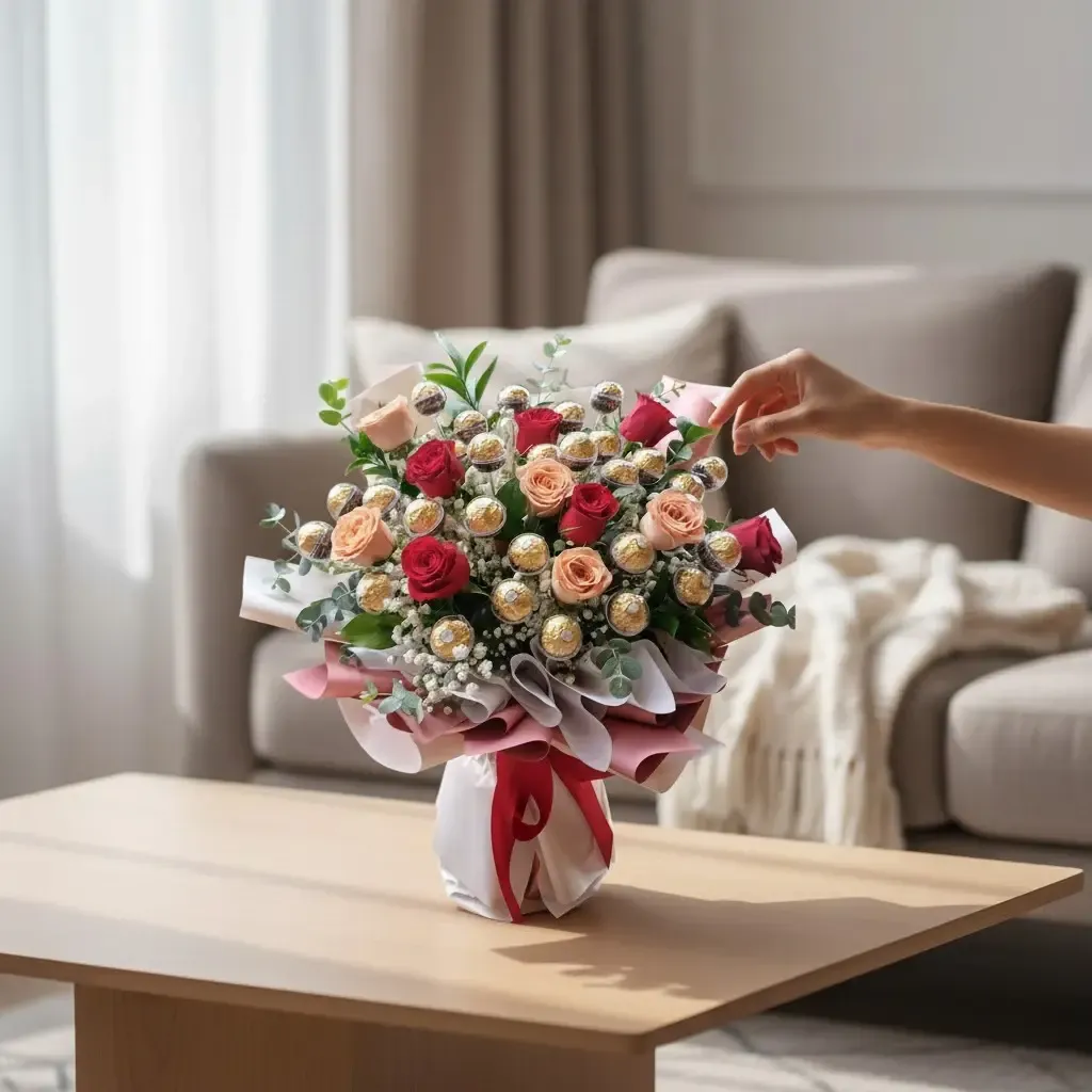 Beloved Bloom roses and Ferrero Rocher chocolates hand bouquet for birthday or anniversary with delivery in Kuala Lumpur and Selangor